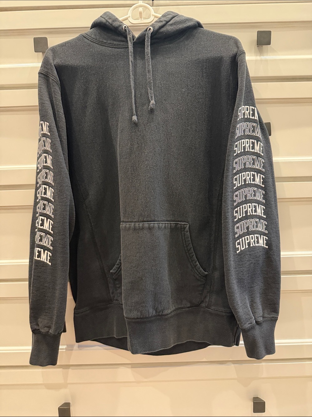 Supreme Charcoal Black Hoodie with White Sleeve Logos